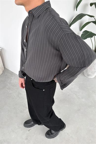 Siyah Premium Çizgili Oversize Gömlek