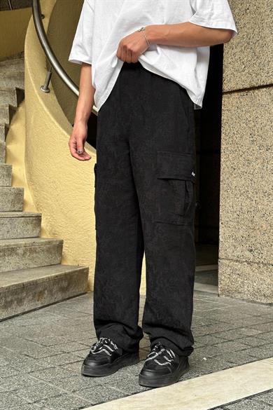Siyah Premium Etnik Desen Kargo Cepli 01 GO Paçası Ayarlanabilir Baggy Pantolon