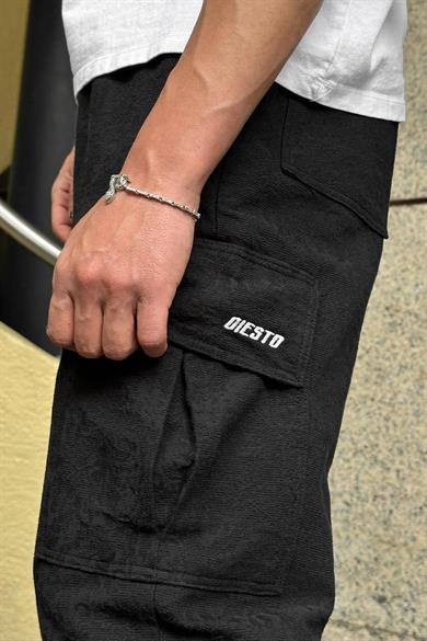 Siyah Premium Etnik Desen Kargo Cepli 01 GO Paçası Ayarlanabilir Baggy Pantolon