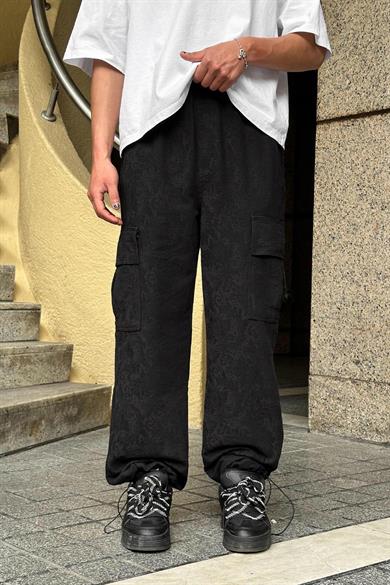 Siyah Premium Etnik Desen Kargo Cepli 01 GO Paçası Ayarlanabilir Baggy Pantolon