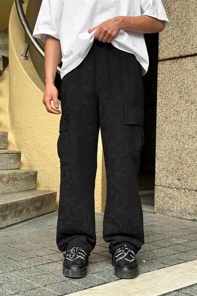 Siyah Premium Etnik Desen Kargo Cepli 01 GO Paçası Ayarlanabilir Baggy Pantolon