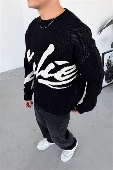 Siyah Premium İşleme Baskı Oversize Kazak