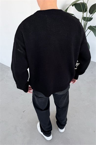 Siyah Premium İşleme Baskı Oversize Kazak