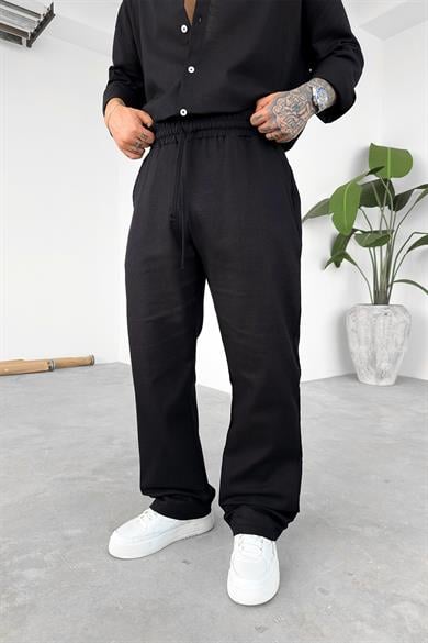 Siyah Premium Keten Basic Baggy Pantolon