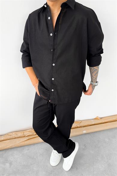 Siyah Premium Keten Basic Oversize Gömlek
