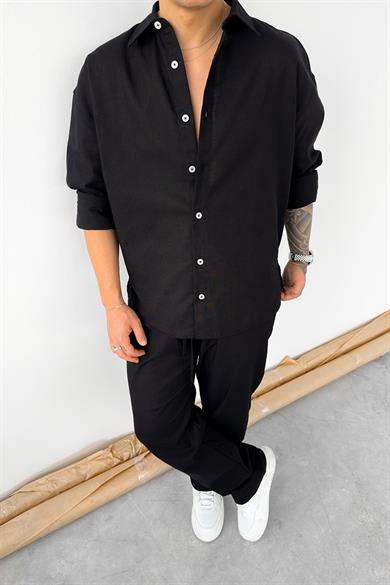 Siyah Premium Keten Basic Oversize Gömlek