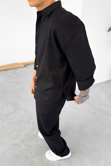 Siyah Premium Keten Basic Oversize Gömlek