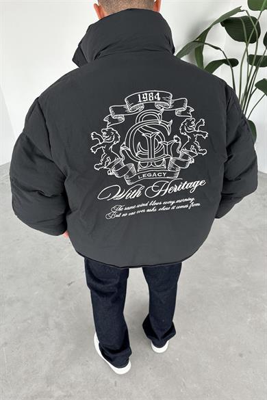 Siyah Premium Nakış İşlemeli Puffer Mont