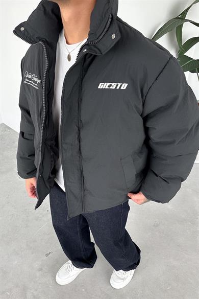 Siyah Premium Nakış İşlemeli Puffer Mont