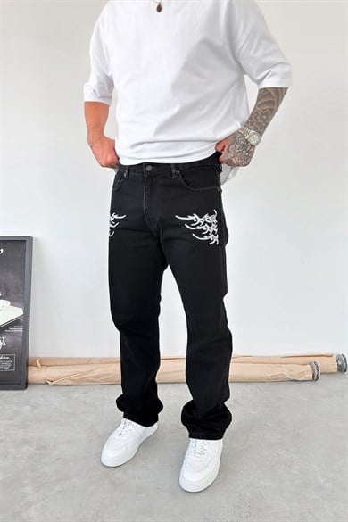 Siyah Premium Nakışlı Baggy Pantolon