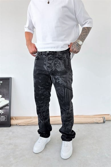 Siyah Premium Urban Style Baskılı Baggy Pantolon