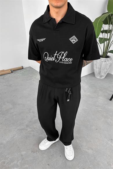 Siyah Quit Place Baskı Detay Oversize Polo Yaka Tişört