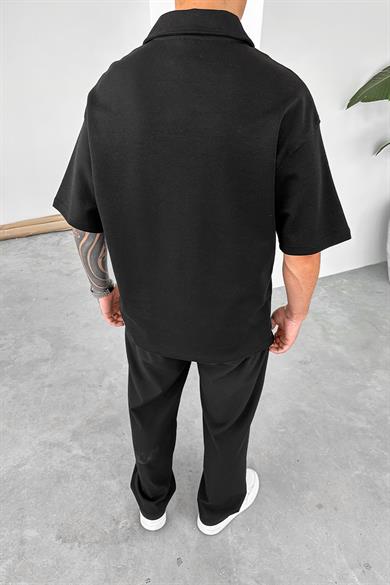 Siyah Quit Place Baskı Detay Oversize Polo Yaka Tişört