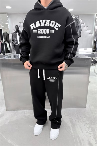 Siyah Ravage Nakışlı Oversize Eşofman Takımı