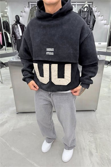 Siyah Ravege Studio Yıkamalı Oversize Sweatshirt