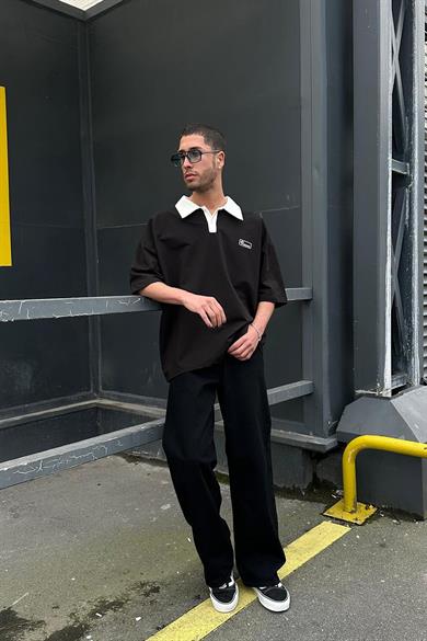 Siyah Reaven Polo Yaka OUTPLENTY PREMİUM Oversize Tişört