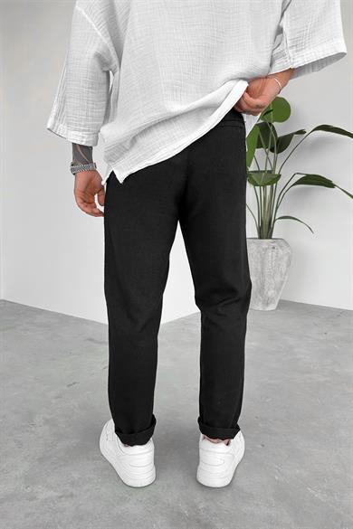 Siyah Regular Keten Pantolon