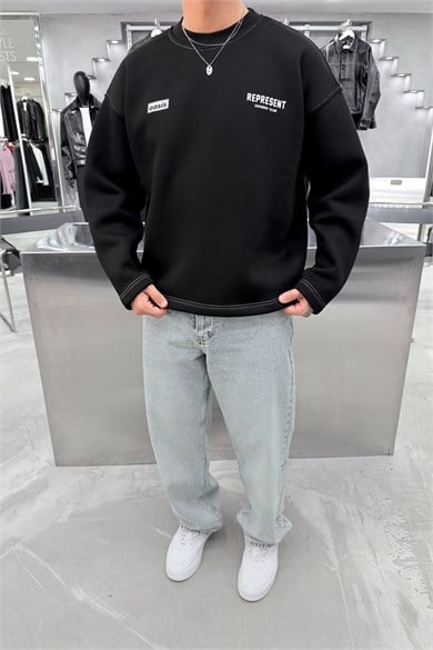 Siyah Represent Baskılı Boxy Kalıp Sweatshirt