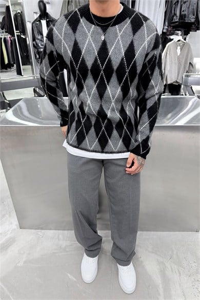 Siyah Retro Soft Line Baklava Desenli Kazak