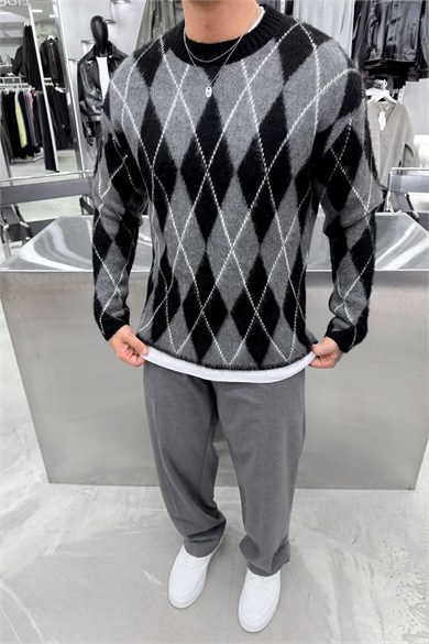 Siyah Retro Soft Line Baklava Desenli Kazak