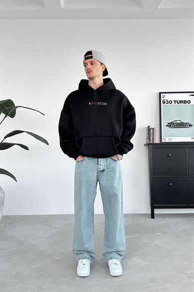 Siyah Revolution Nakış Detay HAFKA PREMİUM 3 İplik Şardonlu Oversize Sweatshirt