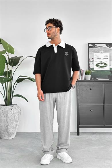 Siyah Rose Polo Yaka OUTPLENTY PREMİUM Oversize Tişört