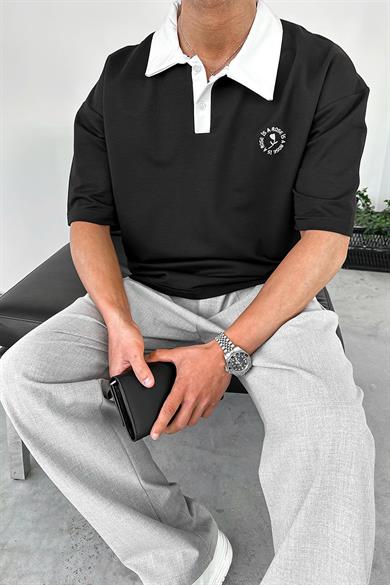 Siyah Rose Polo Yaka OUTPLENTY PREMİUM Oversize Tişört
