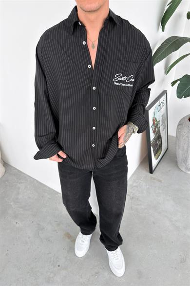 Siyah Santa Nakış Çizgili Gömlek