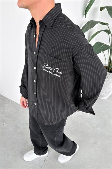 Siyah Santa Nakış Çizgili Gömlek