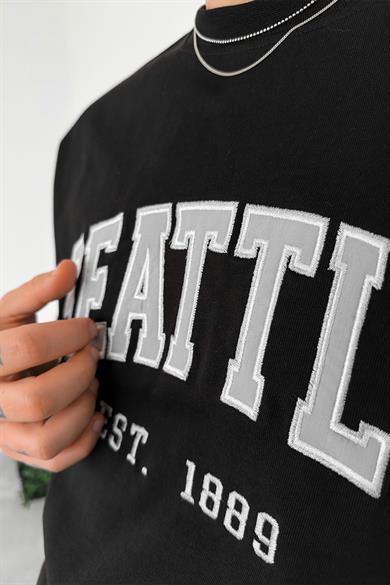 Siyah Seattle Nakış Detay Oversize Tişört