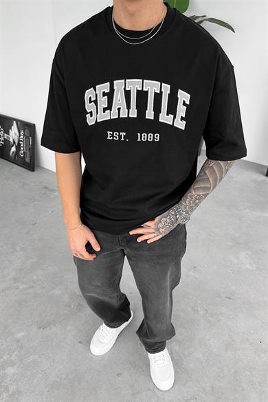 Siyah Seattle Nakış Detay Oversize Tişört