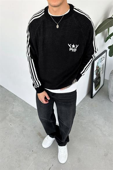 Siyah Şerit Detay Baskılı Oversize Sweat