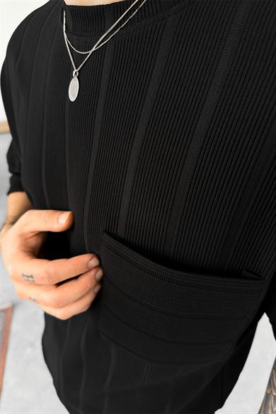Siyah Şerit Detay Dokumalı Oversize Tişört