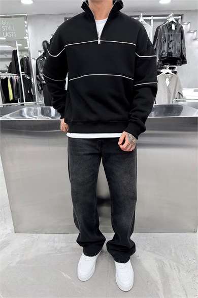 Siyah Şerit Detaylı Yarım Fermuarlı Oversize Sweatshirt