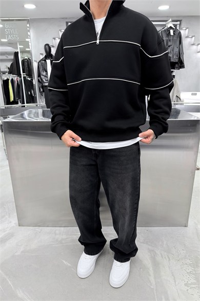 Siyah Şerit Detaylı Yarım Fermuarlı Oversize Sweatshirt