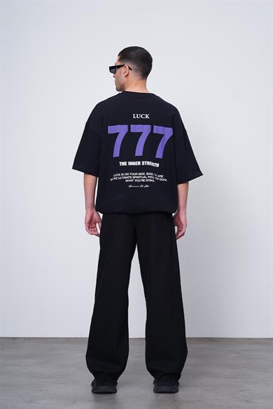 Siyah Siyah 777 Luck EE Oversize Tişört