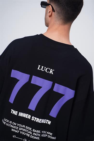 Siyah Siyah 777 Luck EE Oversize Tişört