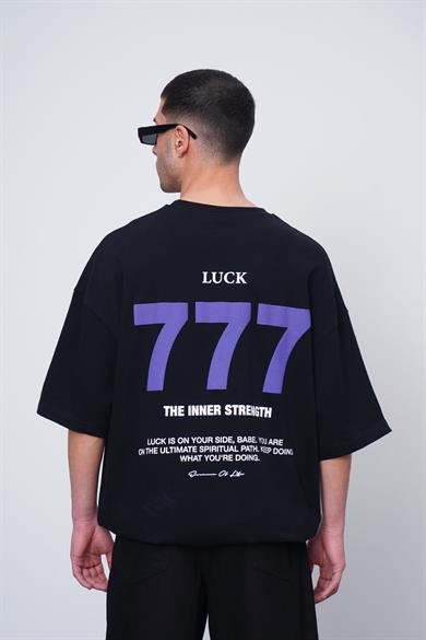 Siyah Siyah 777 Luck EE Oversize Tişört