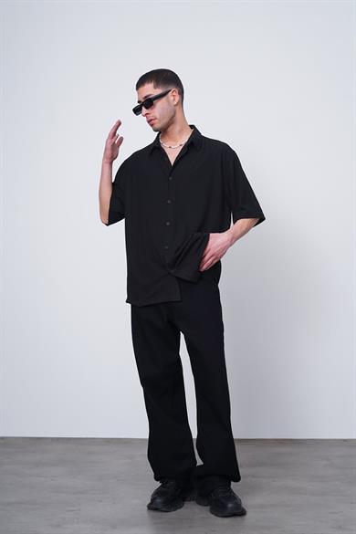 Siyah Siyah Basic Kısa Kollu CH Oversize Gömlek