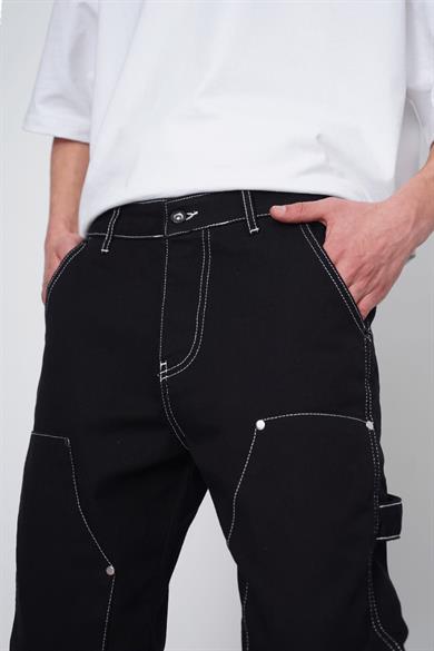 Siyah Siyah Beyaz Ters Dikiş Tasarım 03B DL Baggy Pantolon