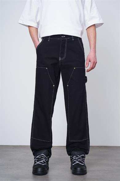 Siyah Siyah Beyaz Ters Dikiş Tasarım 03B DL Baggy Pantolon