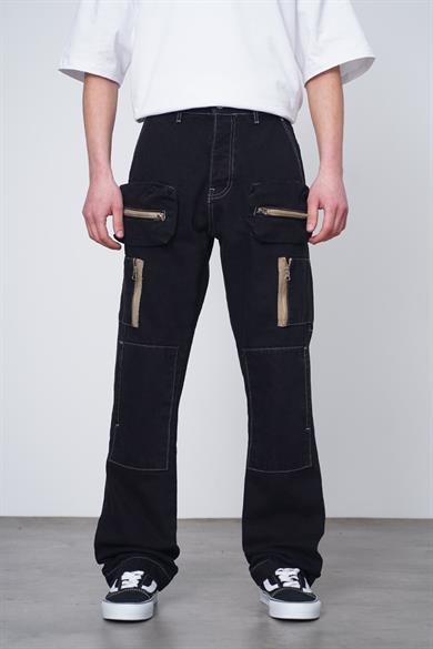 Siyah Siyah Beyaz Ters Dikiş Tasarım Fermuarlı Kargo Cepli 05D GD Baggy Pantolon