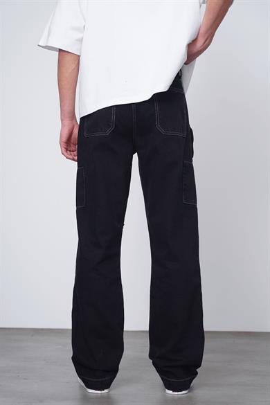 Siyah Siyah Beyaz Ters Dikiş Tasarım Fermuarlı Kargo Cepli 05D GD Baggy Pantolon