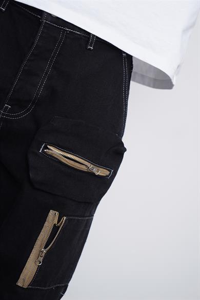 Siyah Siyah Beyaz Ters Dikiş Tasarım Fermuarlı Kargo Cepli 05D GD Baggy Pantolon