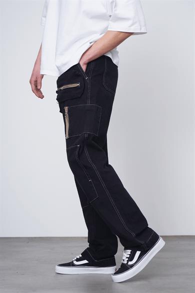 Siyah Siyah Beyaz Ters Dikiş Tasarım Fermuarlı Kargo Cepli 05D GD Baggy Pantolon