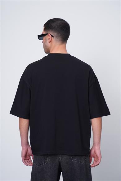 Siyah Siyah Dad Nakış İşleme Oversize Tişört