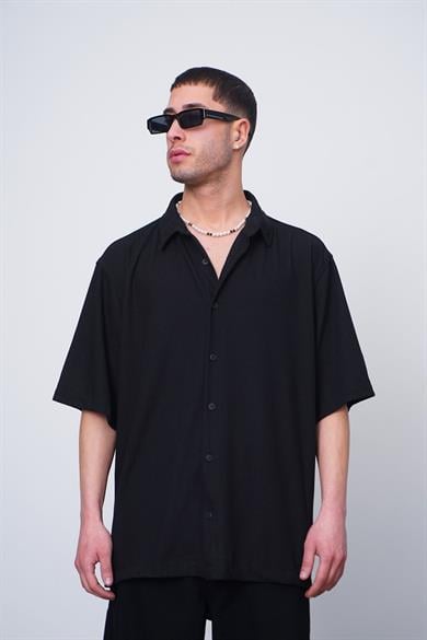Siyah Siyah Dokulu Basic Z2 CH Oversize Gömlek