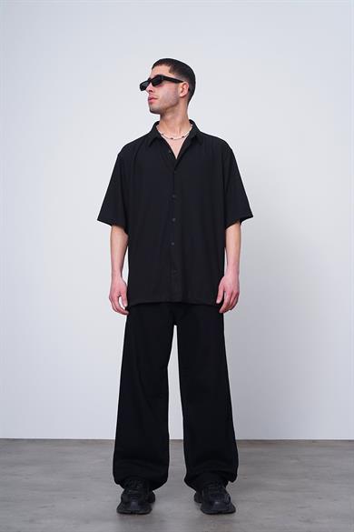 Siyah Siyah Dokulu Basic Z2 CH Oversize Gömlek