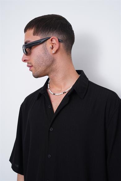 Siyah Siyah Dokulu Basic Z2 CH Oversize Gömlek