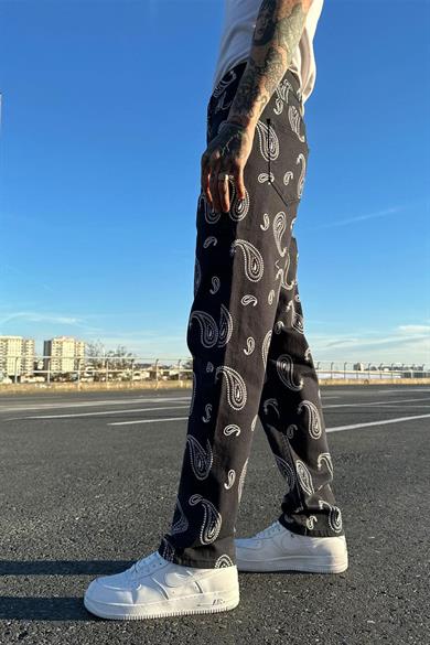 Siyah Siyah Etnik Desen MN Baggy Pantolon